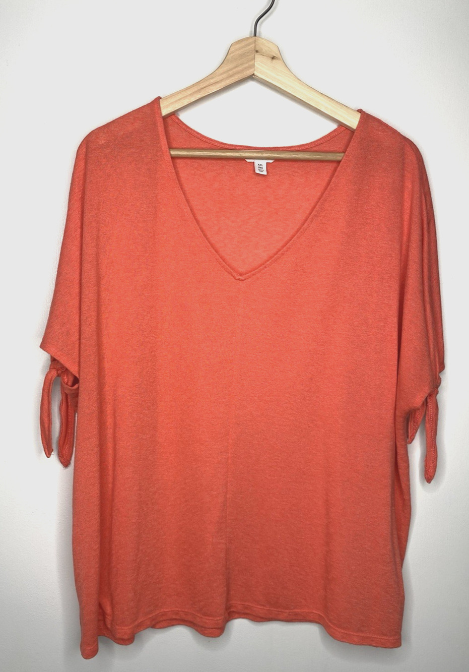 Time & Tru Womens Plus Size 20 Salmon Pink V-neck Knit Top Short Tie Sleeve